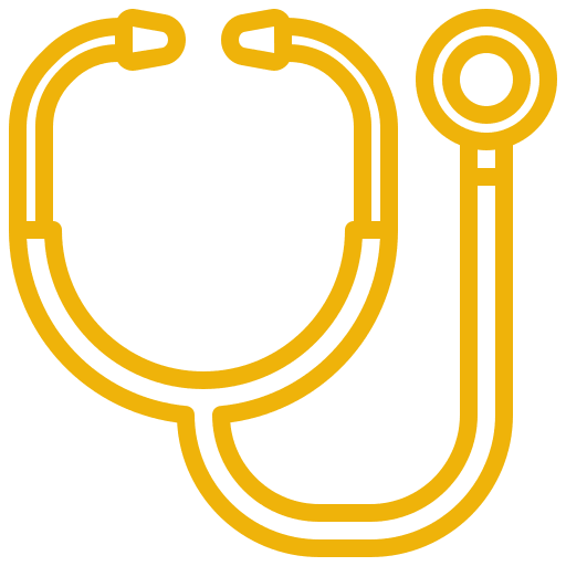 Yellow outline of a stethoscope with earpieces and chest piece visible.