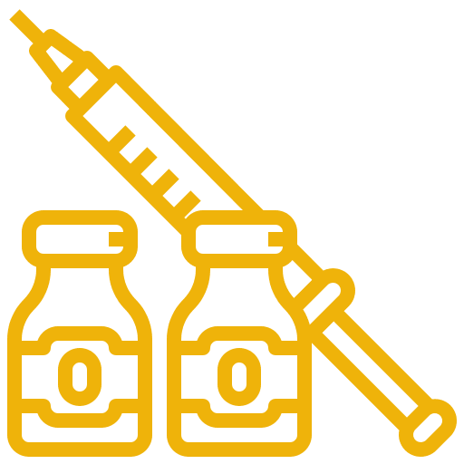 A syringe and two medicine vials in a yellow outline.