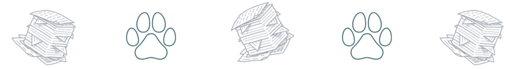 Two stacks of papers alternate with two outlined paw prints.