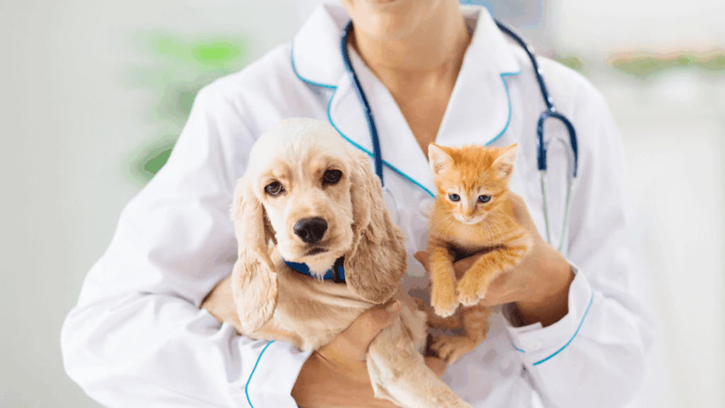 A veterinarian in a white coat holds a tan puppy and an orange kitten in their arms.
