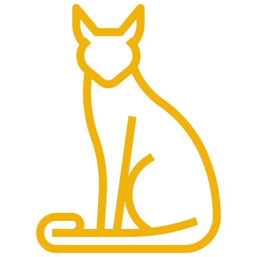 Outline of a sitting cat with pointed ears and a curled tail.