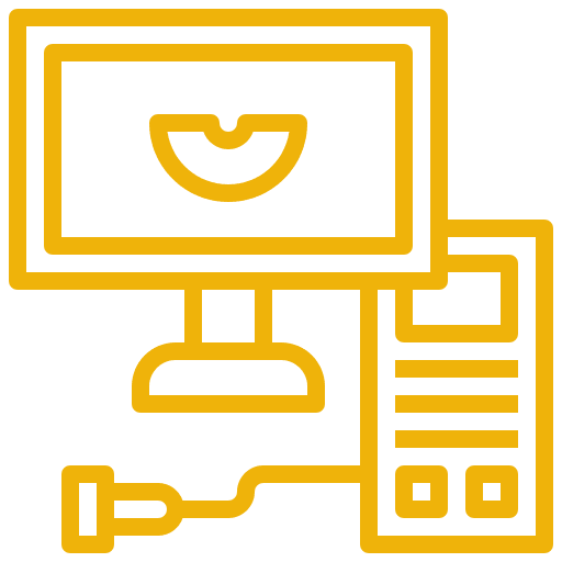 Yellow outline of a desktop computer setup with a monitor displaying a smiley face.