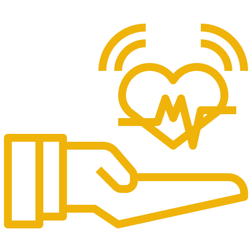 Outline of a hand supporting a heart with a heartbeat line, surrounded by radiating lines.