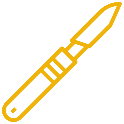 Illustration of a yellow surgical scalpel with a straight handle and pointed blade.