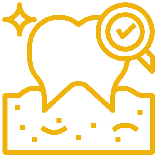 Outlined tooth with a magnifying glass and checkmark, symbolizing dental health.
