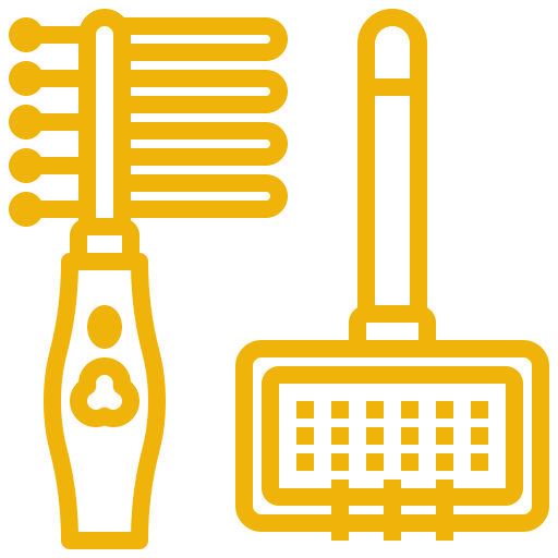 An electric toothbrush and a mop are shown in a yellow outline.