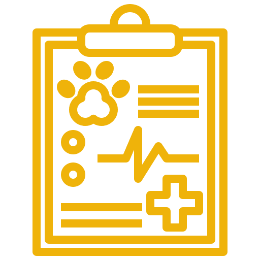 A yellow outline of a veterinary clipboard with a paw print, heart rate line, and medical cross.